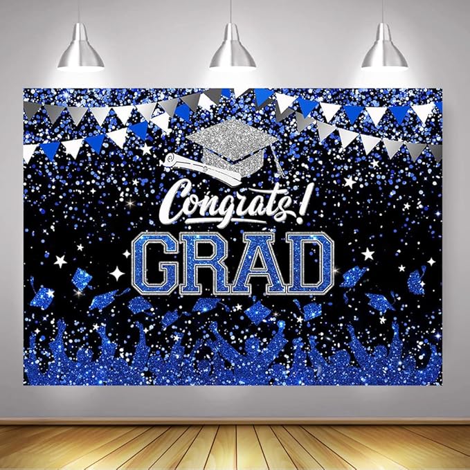 Mocsicka Graduation Party Decorations 2026 Congrats Grad Backdrops for Photography Bachelor Cap Congratulations Grad Photo Backdrop Graduation Prom Party Supplie (Blue and Silver, 10x8ft(120x96 inch))