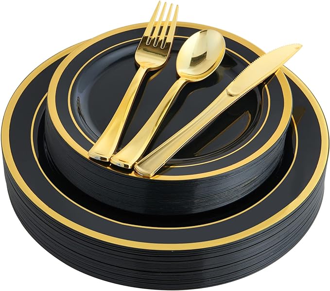 125 Count Halloween Dinner Plastic Plates Include 25 Disposable Dessert Plates & Gold Disposable Silverware, Dinnerware Set Providing for 25 Guests for Party, Wedding