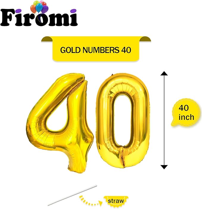 FIROMI 40 Number Balloons Gold Big Giant Jumbo Huge Foil Mylar 40 Balloon Numbers for 40th Birthday Party Anniversary Events Decorations 40-inches