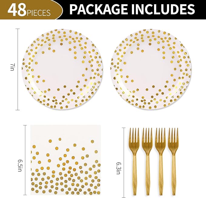 48PCS White and Gold Plates and Napkins Party Supplies, Gold Dot Disposable Party Paper Plates and Napkins with Forks Tableware Set for Wedding Baby Shower Birthday Decorations 16 Guests
