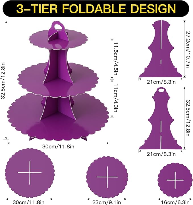 Soleebee 3-Tier Cupcake Stand, Cardboard Cupcake Tower, Dessert Cup Cake Stand Tower for Birthday Wedding Party Decoration, Cupcake Tier Stand 1 Set (Purple)