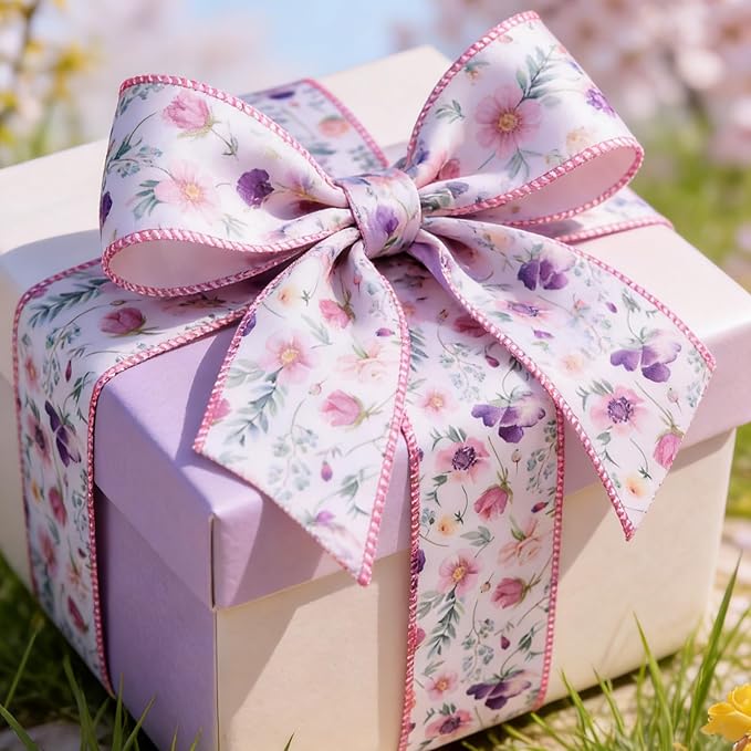 Meseey Flower Wired Edge Ribbon Pastel Summer Decoration Ribbons for Wreaths, Crafts, Garlands, Gift Wrapping (Gradient Flower, 2.5 Inch)