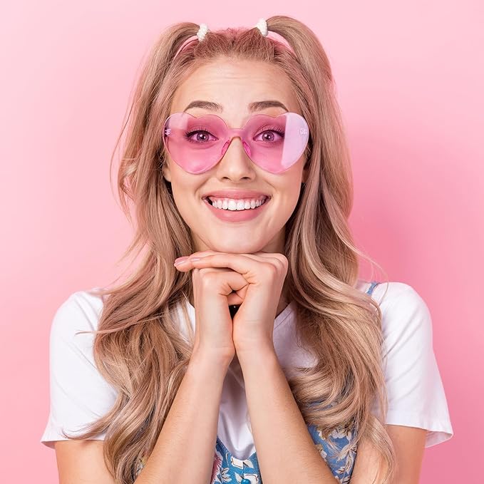 28 Pack Heart Shaped Sunglasses for Women Rimless Heart Glasses Bulk Mardi Gras Candy Color Sunglasses for Party