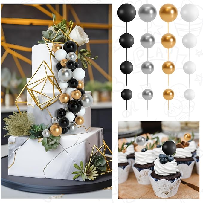 138 Pcs Black and Gold Balls Cake Topper Graduation Cake Decorations Balloon Cupcake Toppers Multisize Foam Cake Balls Decorations for Birthday Party Wedding Anniversary