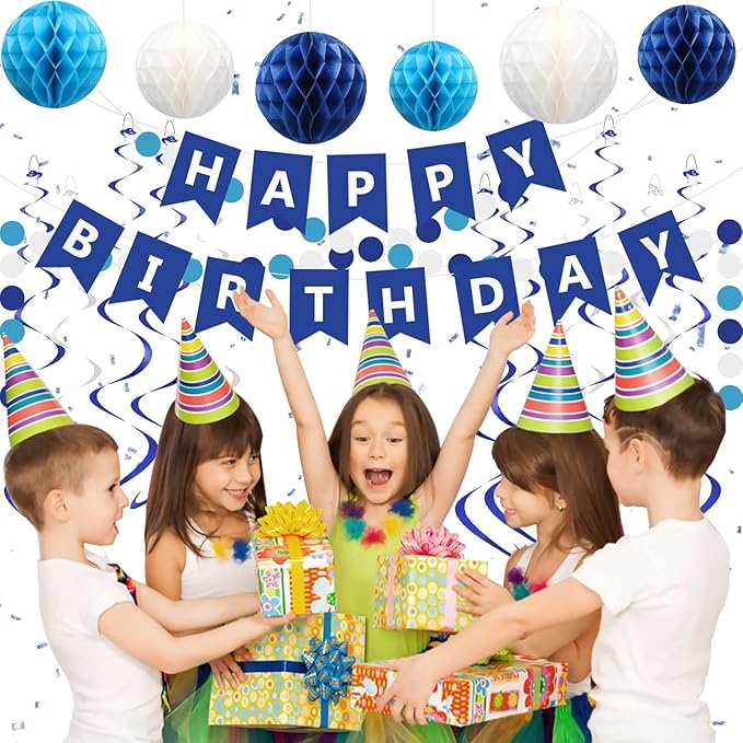 Blue Birthday Decorations Banner Navy Blue Happy Birthday decorations with 6 Honeycomb Balls,6 Metallic Hanging Swirls and Circle Dot Garland Decroations for boys men Birthday Party Decorations