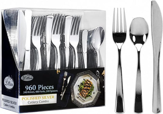 960 Piece Silver Plastic Silverware, Extra Heavyweight Disposable Cutlery Set, Full Size Silver Flatware Combo, 480 Forks 240 Spoons 240 Knives, Bulk Party & Wedding Utensils