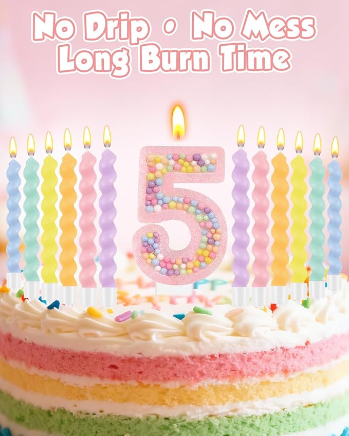 Birthday Candles for Cake, Macaron Number Candles, Cake Candles with Greeting Card for Birthday Party Wedding Anniversary Celebrations (5 Candle)