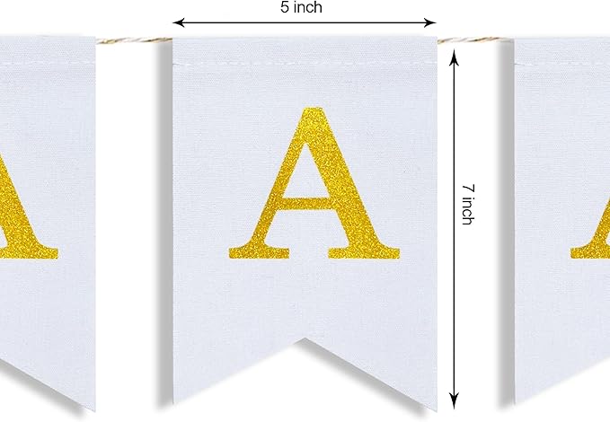 Pre-Printed Banner Kit – 97 White CANVAS Flags with GOLD Letters, Numbers & Symbols, Reusable DIY Custom Banner, Make Your Own Personalized Party Banner, Faux Burlap, Includes Twine & 2 Needles