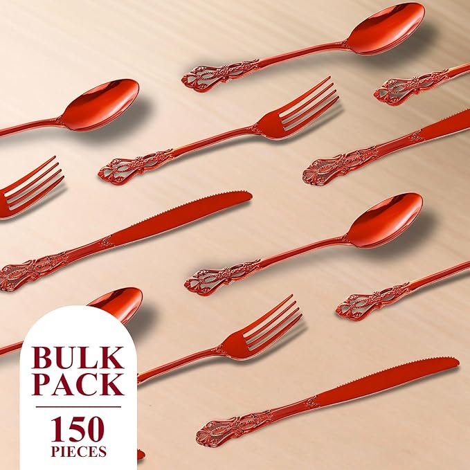150PCS Red Plastic Silverware - Elegant Disposable Utensils - Heavy Duty Vintage Red Cutlery Sets Includes 50Forks, 50Spoons, 50Knives for Catering Dinner Party Wedding