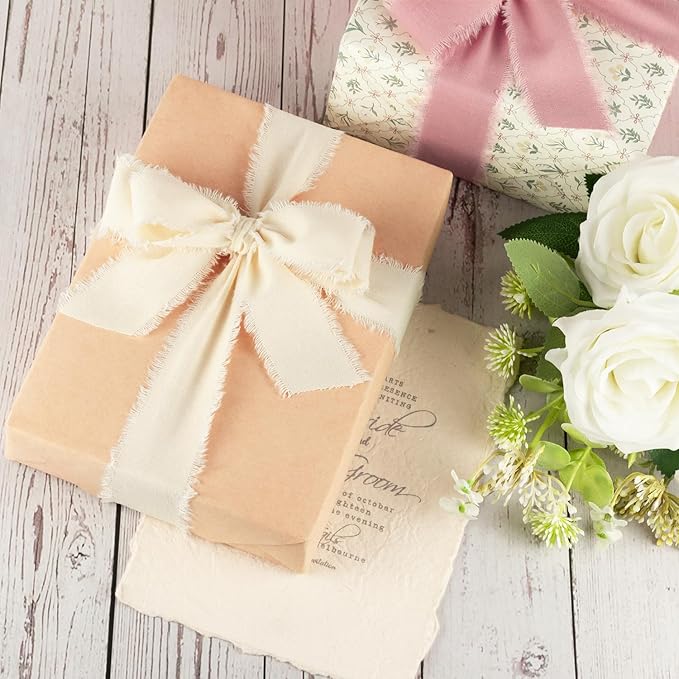 Pink & Ivory Cotton Ribbon 1-1/2 Inch Dusty Pink, Soft Pink & Cream 3 Rolls 21 Yards Frayed Edge Fabric Set for Rustic Wedding Decor, Engagement Party, Bridal Bouquet Wrap & Gift Wrapping