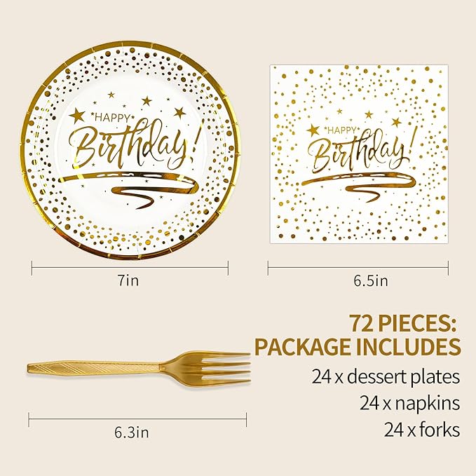 72PCS Happy Birthday Plates and Napkins Party Supplies, White Gold Dot Paper Plates and Napkins with Forks Disposable Tableware Set for Birthday Party Decorations, Serves 24