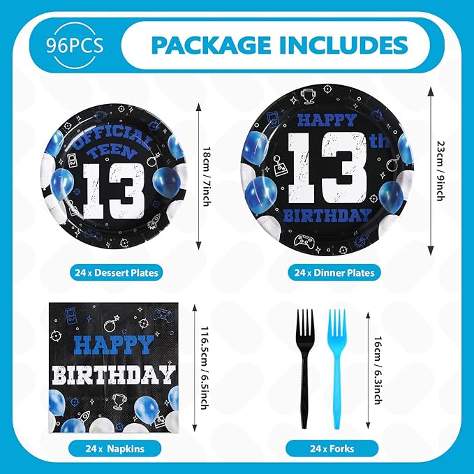 Grencian 96Pcs 13th Birthday Decorations for Boys Blue Black 13th Birthday Party Plates Disposable Official Teen 13 Tableware for Teen Boys Girls Happy 13 Year Old Party, Serves 24
