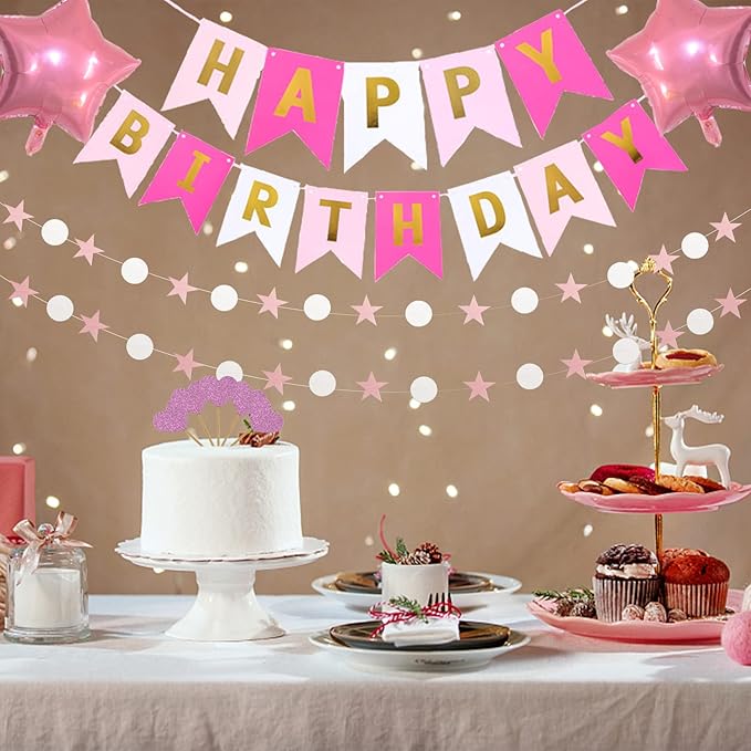 Pink Gold Birthday Party Decorations, Happy Birthday Banner, Pink Fringe Curtain, Heart Star Foil Confetti Balloons, Hanging Swirls for Women Girls Birthdays Princess Party