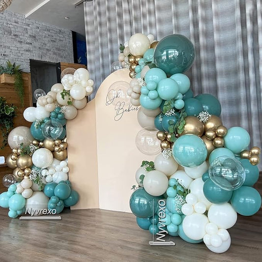 158PCS Teal Balloons Arch Garland Kit, Turquoise Sand White Metallic Gold Balloons Garland for Baby Shower Bridal Shower Wedding Birthday Party Decorations