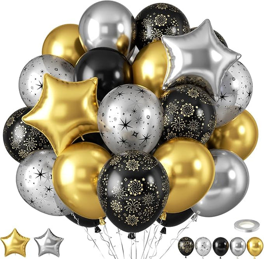 Black and Gold Balloons, Black Silver Gold Balloons, Silver Star Fireworks Printed Balloon With Star Foil Balloon For New Year Retirement Graduation Birthday Baby Shower Party Wedding Celebration