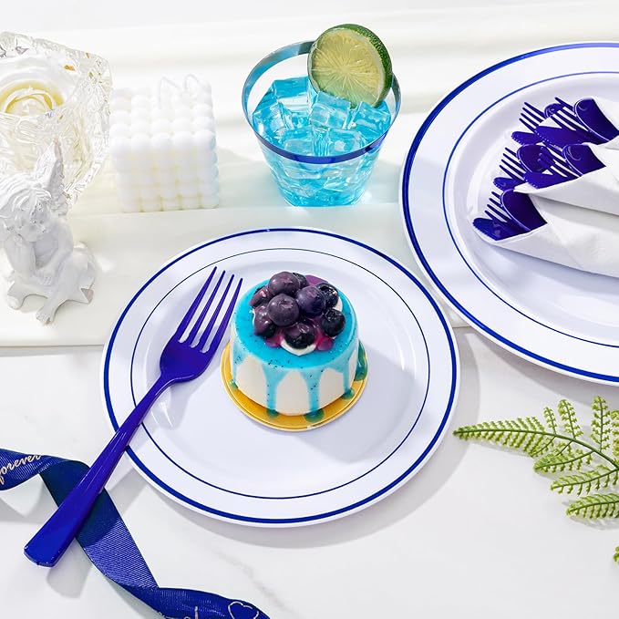 WELLIFE 350 Pcs Blue Plastic Plates for 50 Guests - Plastic Dinnerware Set,Party Supplies Includes 100 blue plates,150 Silverware,50 Napkins,50 Cups,Blue and White Plates