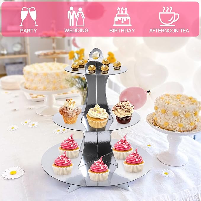 Soleebee 3-Tier Round Cupcake Stand, Cardboard Cupcake Tower, Dessert Cup Cake Stand Tower for Birthday Wedding Party Decoration, Cupcake Tier Stand 2 Set (Silver)