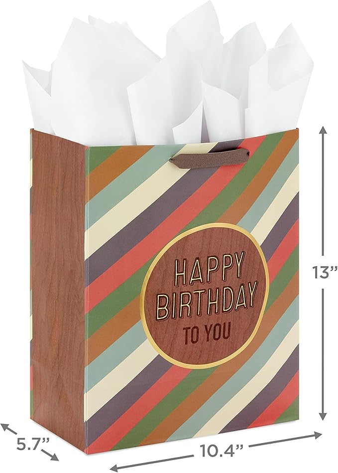 Hallmark 13" Large Gift Bag with Tissue Paper and Birthday Card (Stripes, Woodgrain, Happy Birthday to You) for Dad, Son, Brother, Husband, Uncle, Grandfather
