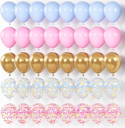 JOBKOO Pink Blue Gender Reveal Balloon Set (60pcs), Metallic Gold Balloons, Confetti Balloons, Baby Blue Balloons for Kids Birthday Party Decorations