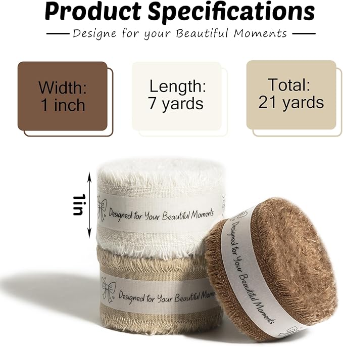 Brown Cotton Ribbon 1 Inch Chocolate Brown, Camel & Ivory 3 Rolls 21 Yards Frayed Edge Fabric Set for Rustic Wedding Decor, Boho Vintage Fall Decor, Thanksgiving, Gift Wrapping & DIY Crafts