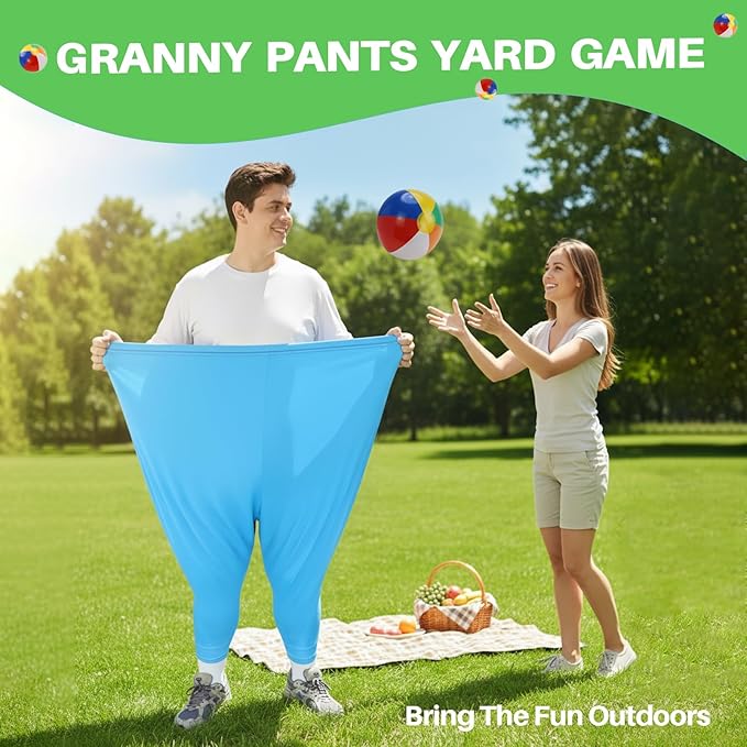 Granny Pants Yard Game – Oversized Stretchy Pants Outdoor Toss Game with Bouncy Balls & Pump, Fun Reunion Party Game for Adults, Perfect for Backyard, Field Day & Team Activities