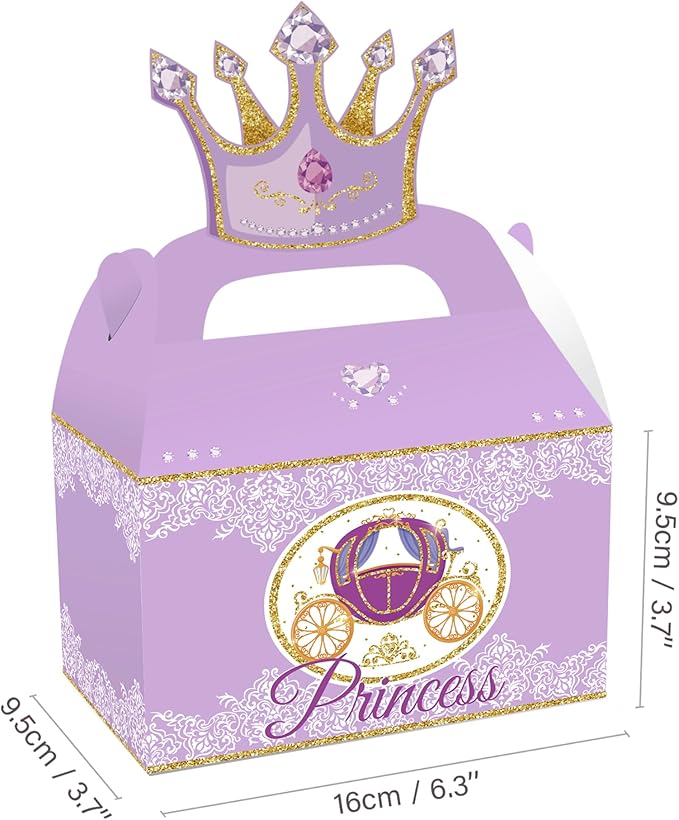 12 Pcs Princess Castle Party Favor Boxes, Little Princess Crown Theme Birthday Party Gift Box, Premium Cardboard Containers with Crown Castle Carriage Prints for Birthday Celebrations