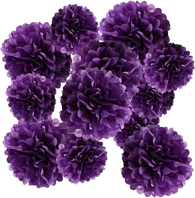 Purple Tissue Paper Pom Poms Hanging Tissue Flowers Poms Decorations Pack of 12 for Wedding, Birthday,Party Backdrop Decor ect. (12", 10",Tissue Paper Flowers)