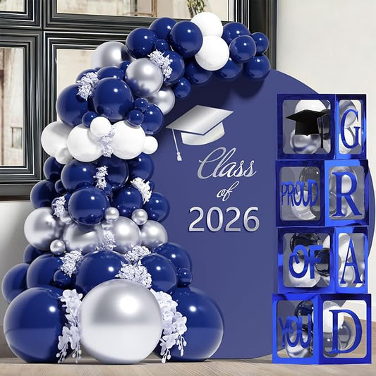 Graduation Decorations 2026, Navy Blue Graduation Decorations Transparent Balloon Boxes with Letters of GRAD, PROUD OF YOU,Class of 2026, Blue Silver Balloons Arch for High School College Grad Party