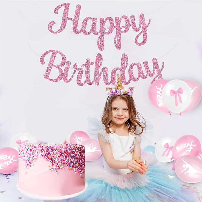 BEISHIDA Happy Birthday Banner - NO DIY,Pink 10Feet Pre-Strung-Glitter Birthday Sign Garland Backdrop Decorations for Women men Party