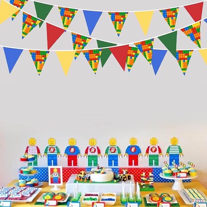 32Ft Building Block Party Decorations Red Blue Yellow Green Colorful Building Block Triangle Flag Pennant Bunting Banner Fabric Garland Streamers for Kids Birthday Baby Shower Outdoor Garden Decor