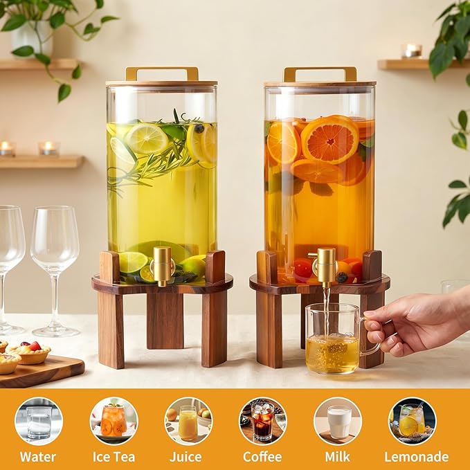 2 PCS 1.5 Gallon Glass Drink Dispenser, Beverage Dispenser With Wood Stand, Lid and Stainless Steel Spigot, Large Water Dispenser for Parties, Perfect for Lemonade, Juice, Tea and Daily Drinks