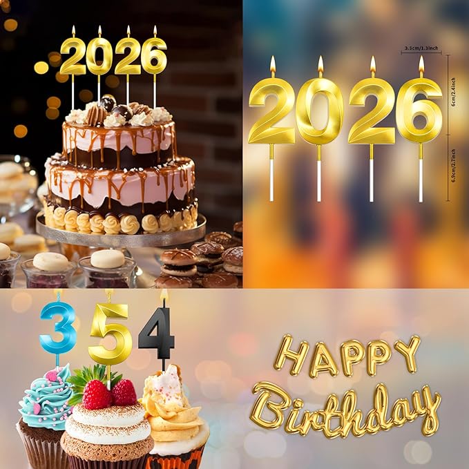 Graduation Candle 2026, 4 Pcs 3D Visual 2026 Gold Number Candles for Graduation Cake Decorations, Class of 2026 Cake Topper, 20, 22, 26, 60, 62 Birthday Candles Happy Birthday Cake Toppers