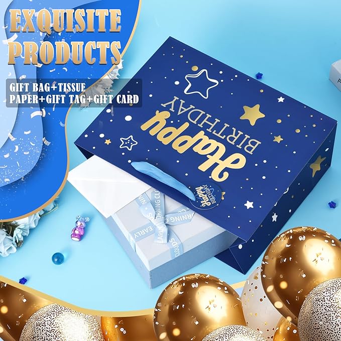 13" Black + Blue Happy Birthday Gift Bag with Tissue Paper and Greeting Card for Party,Happy Birthday Gift Bag for Men Women, Gift Bags Medium size(2 PCS Black & Blue)