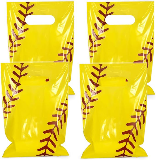 Hxezoc 50 Pieces Softball Gift Bags with Handle, Plastic Treat Candy Bag Sport Favor Bags For Kids Birthday Party Decoration Supplies (Yellow)