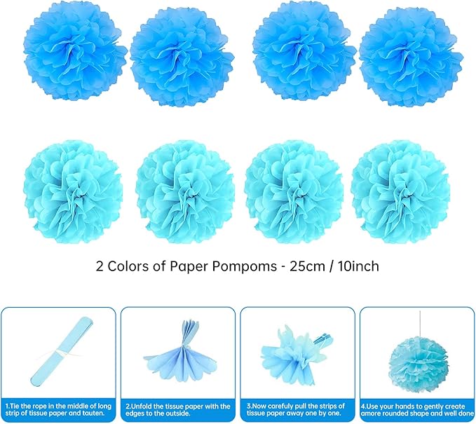 LRCXL Blue Party Decoration, 21Pcs Blue Hanging Paper Fans, Paper Pom Poms Flowers, Pennant, Garland String, Banner for Boy Birthday, Bridal Shower, Baby Boy Showers, Wedding
