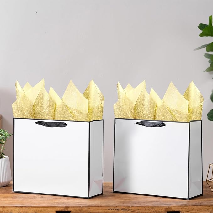 SHIPKEY 12 Pack Extra Large Gift Bags with Tissue Paper, 16x6x12 Inches White Paper Bags with Ribbon Handles, X-Large Gift Bags for Wedding, Christmas and Holidays