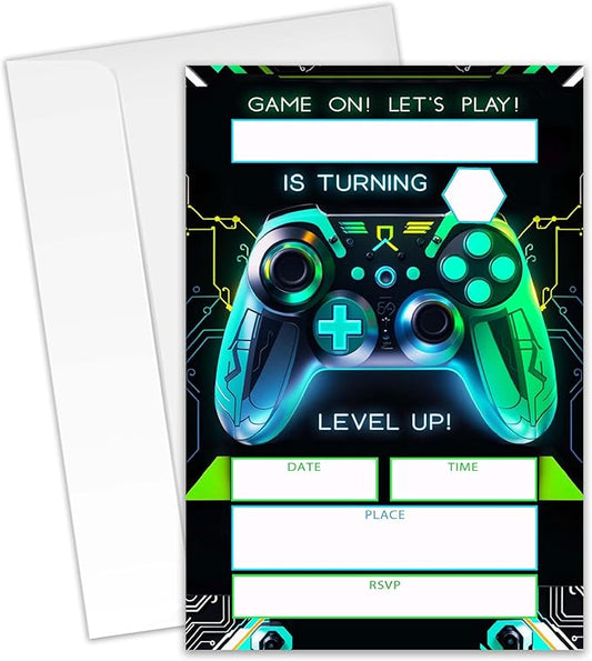 Gaming Themed Birthday Invitations – 20 Invitation Cards 4"x6" with Envelopes.(006)