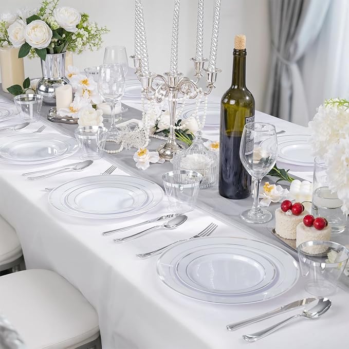 WELLIFE 300 PCS Silver Dinnerware Set for 50 Guests, Silver Plastic Disposable Plates for Party, 50 Dinner Plates, 50 Salad Plates, 50 Cups Forks Knives Spoons for Wedding and Party Anniversary