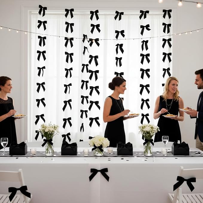 Taobary 8 Pcs 6.6 ft Bow Garland, Satin Ribbon Bow Banner Coquette Hanging Ornament for Photo Backdrop Birthday Party Wedding Bridal Baby Shower Wall Decorations(Black,1 Inch)