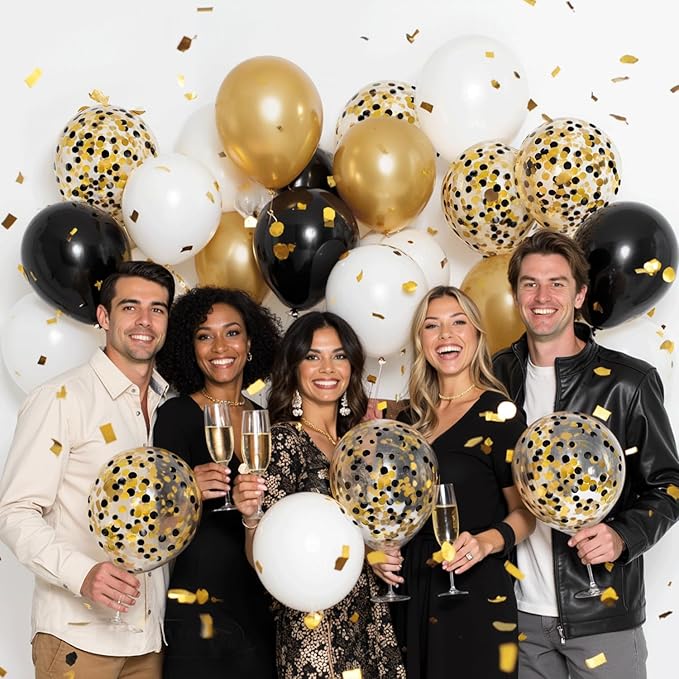 Black Gold White Balloons, 50pcs 12inch Matte White Black Metallic Gold Confetti Latex Balloons with Gold Ribbons for Birthday Graduation New Years Retirement Party Decorations