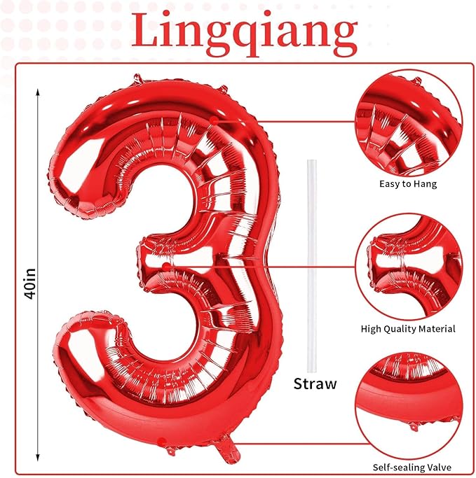 Red Number Balloons, 40 inch Large Number 3 Foil Mylar Helium Balloons for Girls Women, Self Inflating Number Balloons 0-9 for Men Boys 13th 30th Birthday Anniversary Party Celebration Decoration