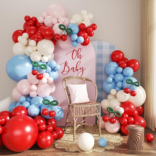 Cherry Balloon Arch Kit, 134Pcs Red Blue Pink White Green Bow Balloons for Cherry Birthday Baby Shower Wedding Galentine's Bridal Shower Party Decorations