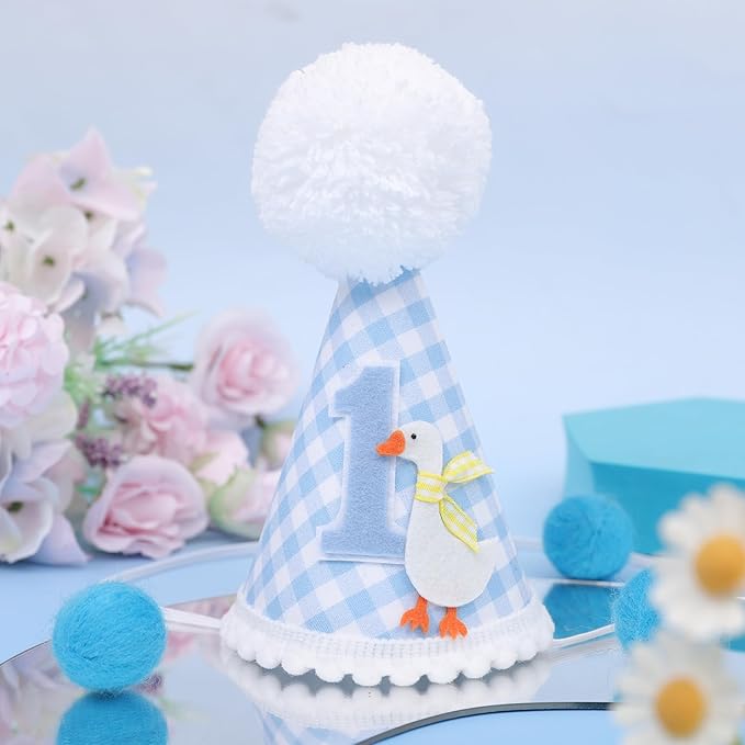 One Funny Goose Birthday Hat - Goose 1st Birthday Decorations, Blue Gingham 1st Bday Party Hat for Boys, One Goosie First Bday Crown