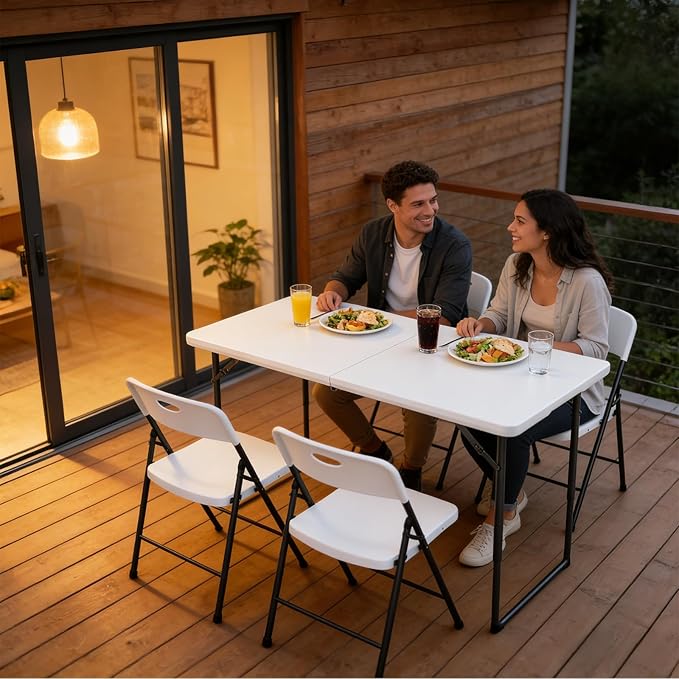 4ft Folding Table with Adjustable Height, Heavy Duty Fold-in-Half Plastic Table with Steel Legs, Portable for Indoor, Outdoor, Picnic, Camping, Dining, Party, White