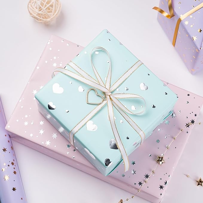 WRAPAHOLIC Wrapping Paper Roll - Mini Roll - 3 Rolls - 17 inch X 120 inch Per roll - Pastel Color and foil Patterns for Wedding, Bridal Shower, Birthday, Baby Shower, Mother Day, Valentine's Day