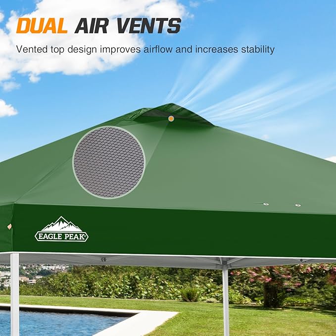 EAGLE PEAK Pop Up Canopy Tent with Wheeled Carry Bag, 8 Stakes, 4 Ropes, 4 Weight Bags, Easy Set Up Tent Canopy, 10x10 ft, 100sqft of Shade, Green