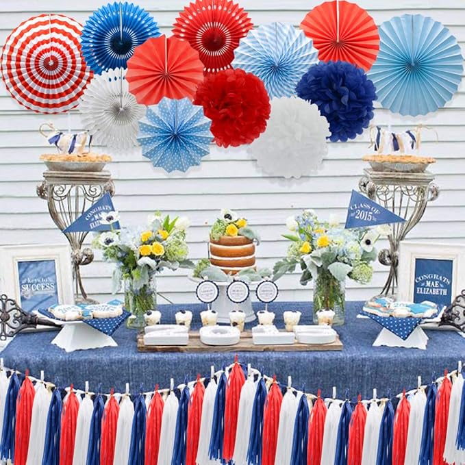 Navy Blue Red White Party Decorations Hanging Paper Fans Pom Poms Flowers Tissue Tassel Garland for 4th of July Day Patriotic Decoration Graduation Birthday Supplies