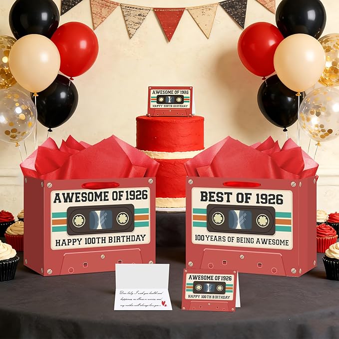 100th Birthday Gift Bag for Men Women Retro Tape 1926 Birthday Party Favor Bags with Tissue Paper and Card Vintage Cassette 100 Years Old Gift Wrapping Paper Bag Decorations for Mom Dad Friends Gifts