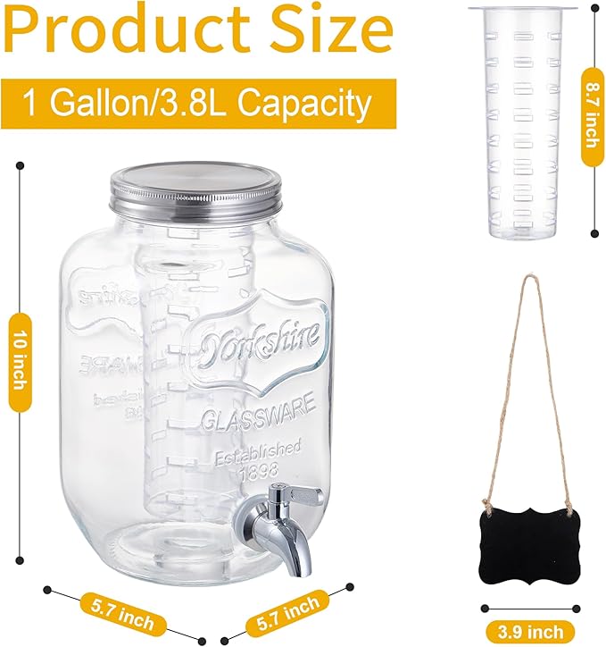 1 Gallon Glass Beverage Dispenser, Drink Dispenser With Fruit Infuser, Stainless Steel Spigot - Drink Dispensers for Parties, BBQ,Picnic,Weddings