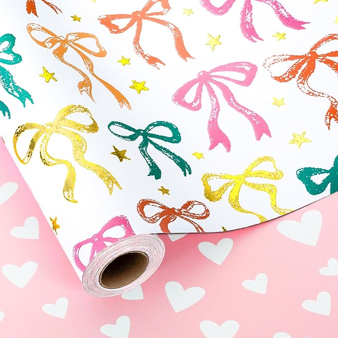 MAYPLUSS Girl Wrapping Paper Roll, Girly Bow Wrapping Paper, Reversible Elegant Bows Pink Gift Wrap for Birthday, Girl Baby Shower, Wedding, Christmas, Valentine's Day, Bachelorette(17 In X 33 Ft)